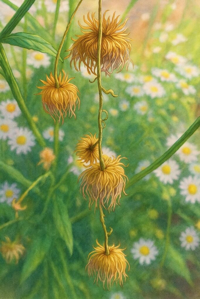 枯れたヒメジョオンの花が垂れ下がる様子を描いたイラスト