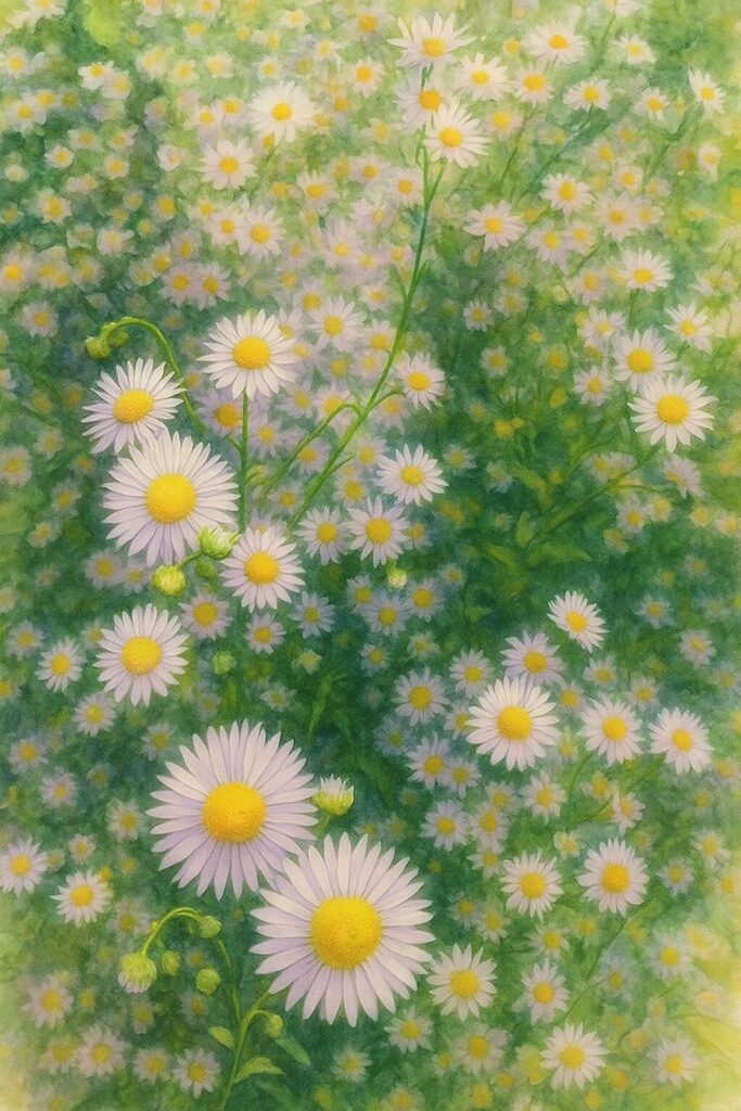 満開のヒメジョオンが密集して咲く様子を上から描いたイラスト