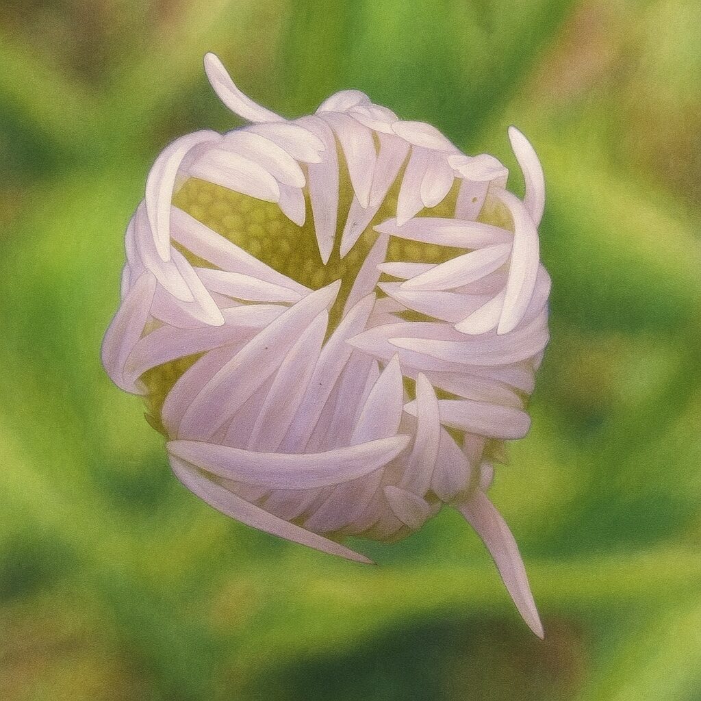 花が咲きかけた状態のヒメジョオンのイラスト（真上からの視点）