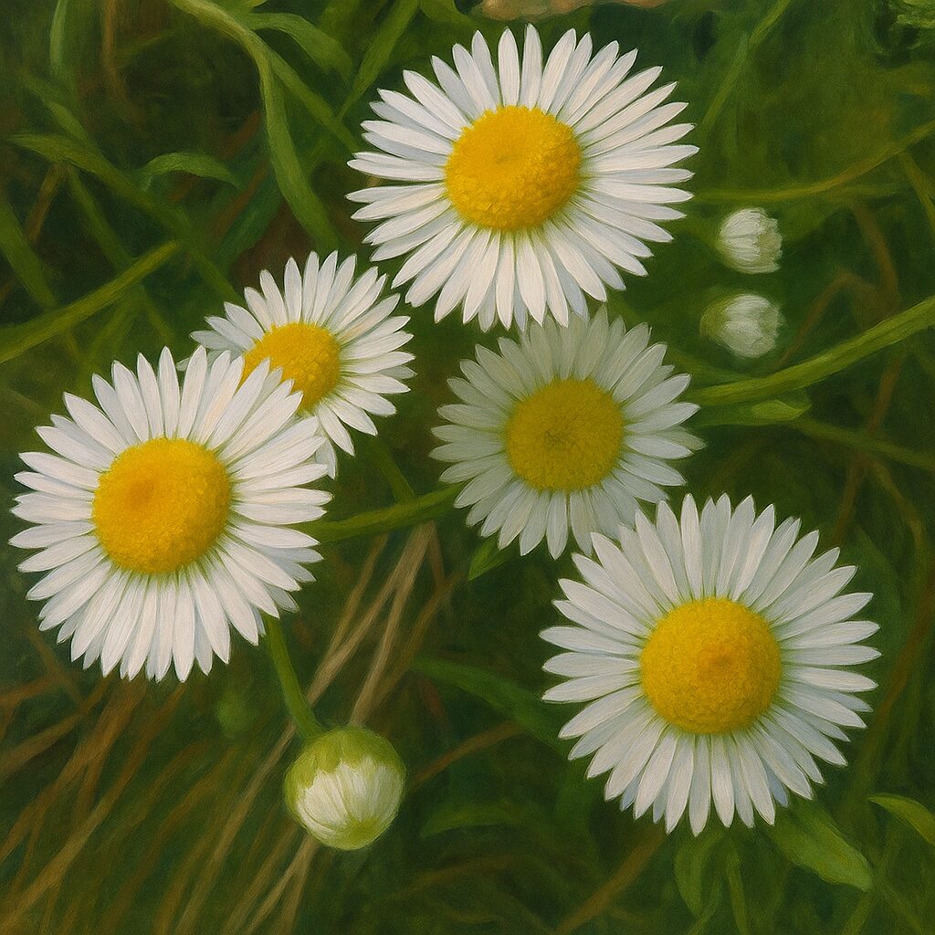 複数のヒメジョオンの花が咲いているイラスト（群生・斜め構図）