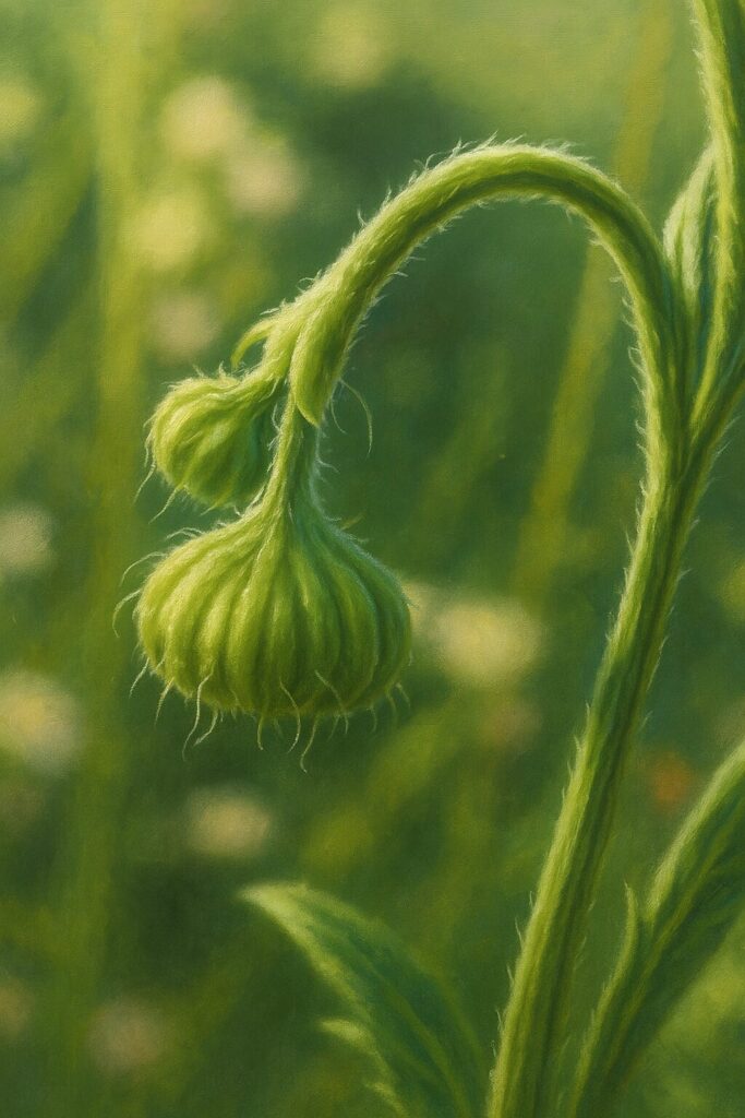 垂れ下がるヒメジョオンの蕾を描いた繊細な植物画（細い茎と毛が表現）