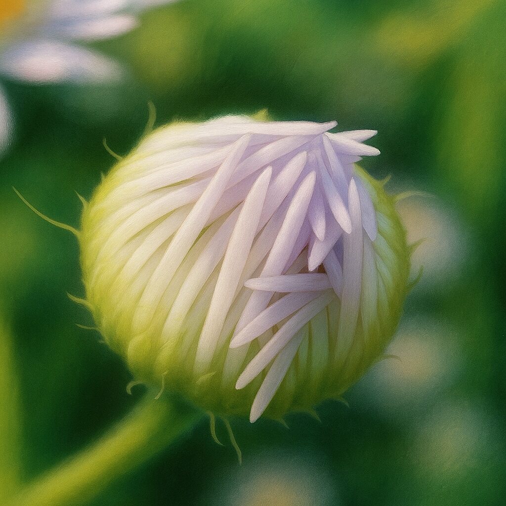 開花直前のヒメジョオンの蕾を描いたボタニカルアート（紫と黄緑の色彩）