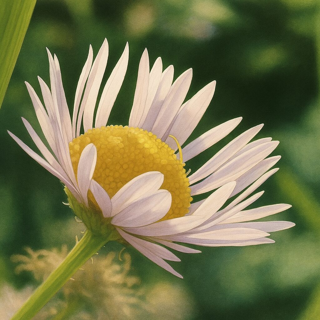 斜めから見たヒメジョオンの繊細なイラスト（立体感のある花の描写）