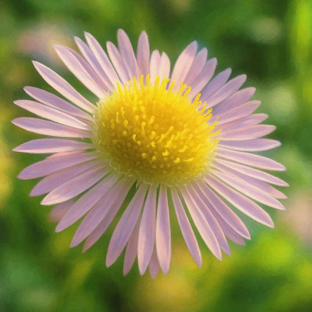 明るい光を浴びるヒメジョオンのリアルなイラスト（黄芯と紫の花弁）