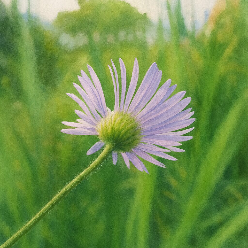 ヒメジョオンの紫色の花を後ろから描いたイラスト（花の裏側・背景ぼかし）