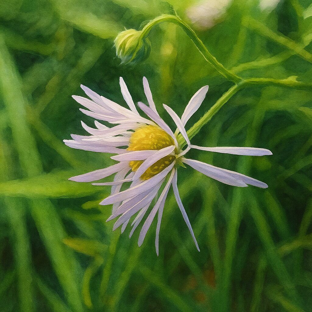 咲き始めたヒメジョオンの花を斜めから描いたイラスト（開花途中・柔らかい印象）