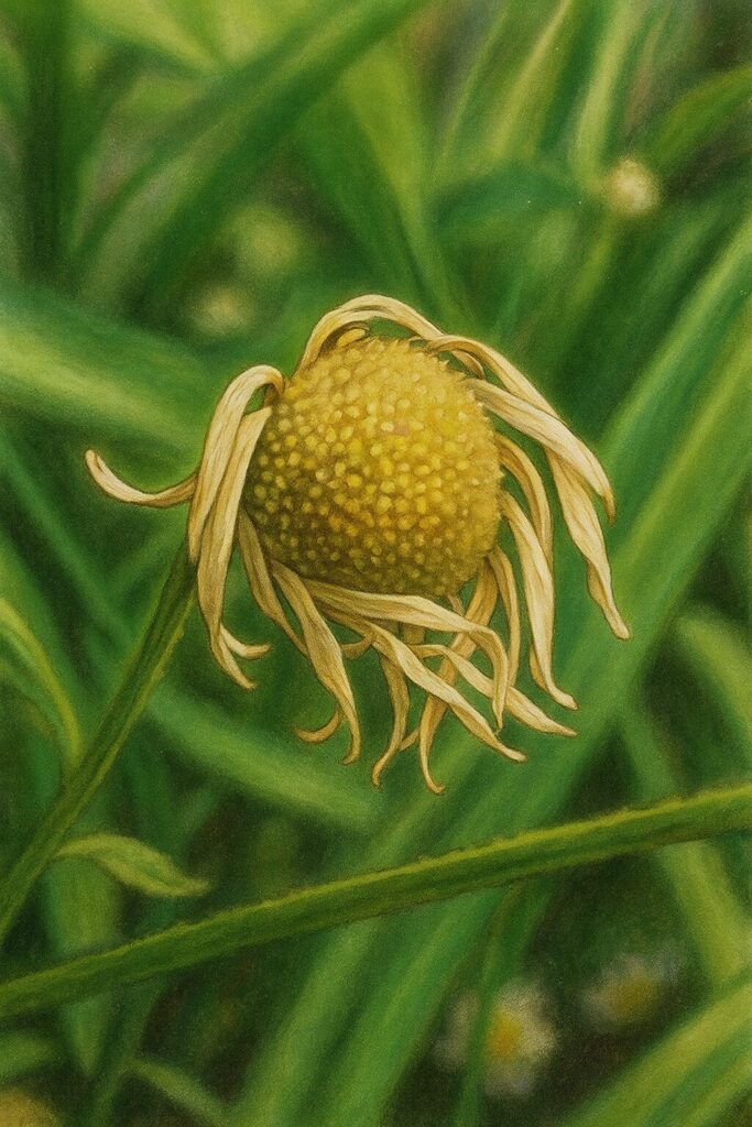 花弁が枯れかけたヒメジョオンの花を繊細に描いたイラスト（接写・自然の変化を表現）