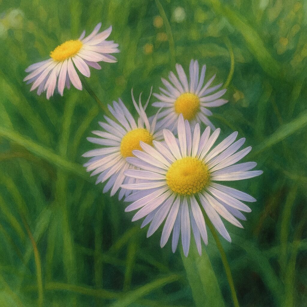 緑の草むらに咲くヒメジョオンの花をクローズアップしたイラスト（自然の中の一輪）