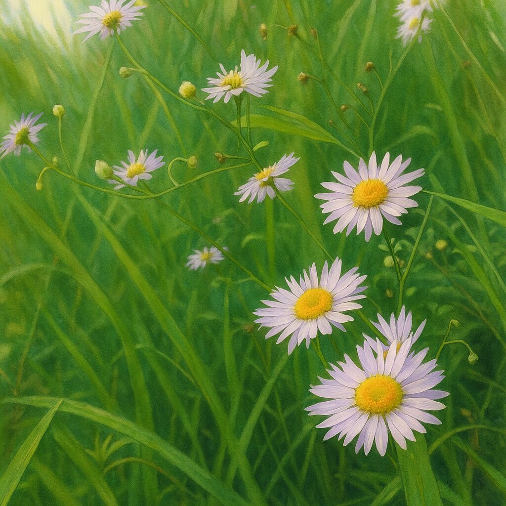 自然の草むらに咲くヒメジョオンの群生を描いたイラスト（広がりのある視点）