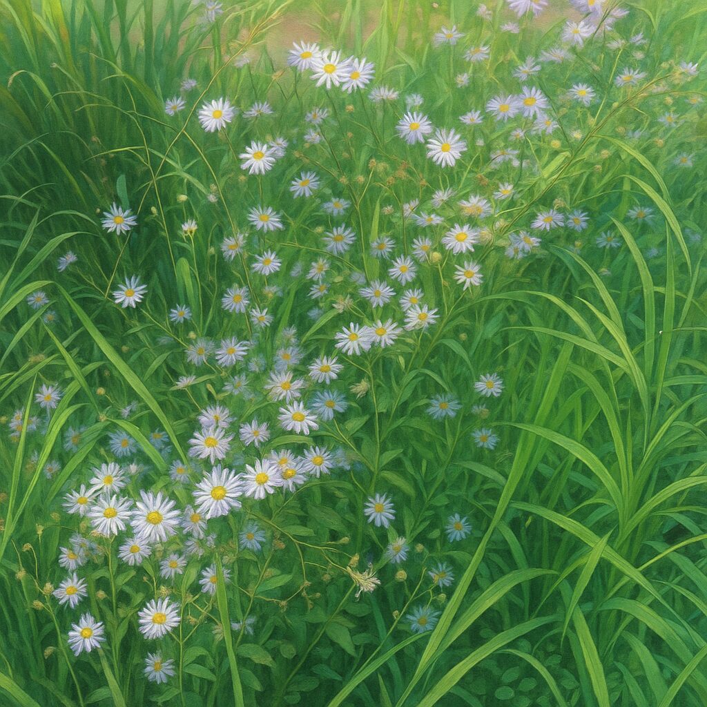 夏の草むらに咲き誇るヒメジョオンの群生を描いたイラスト（季節感ある構図・生き生きした雰囲気）