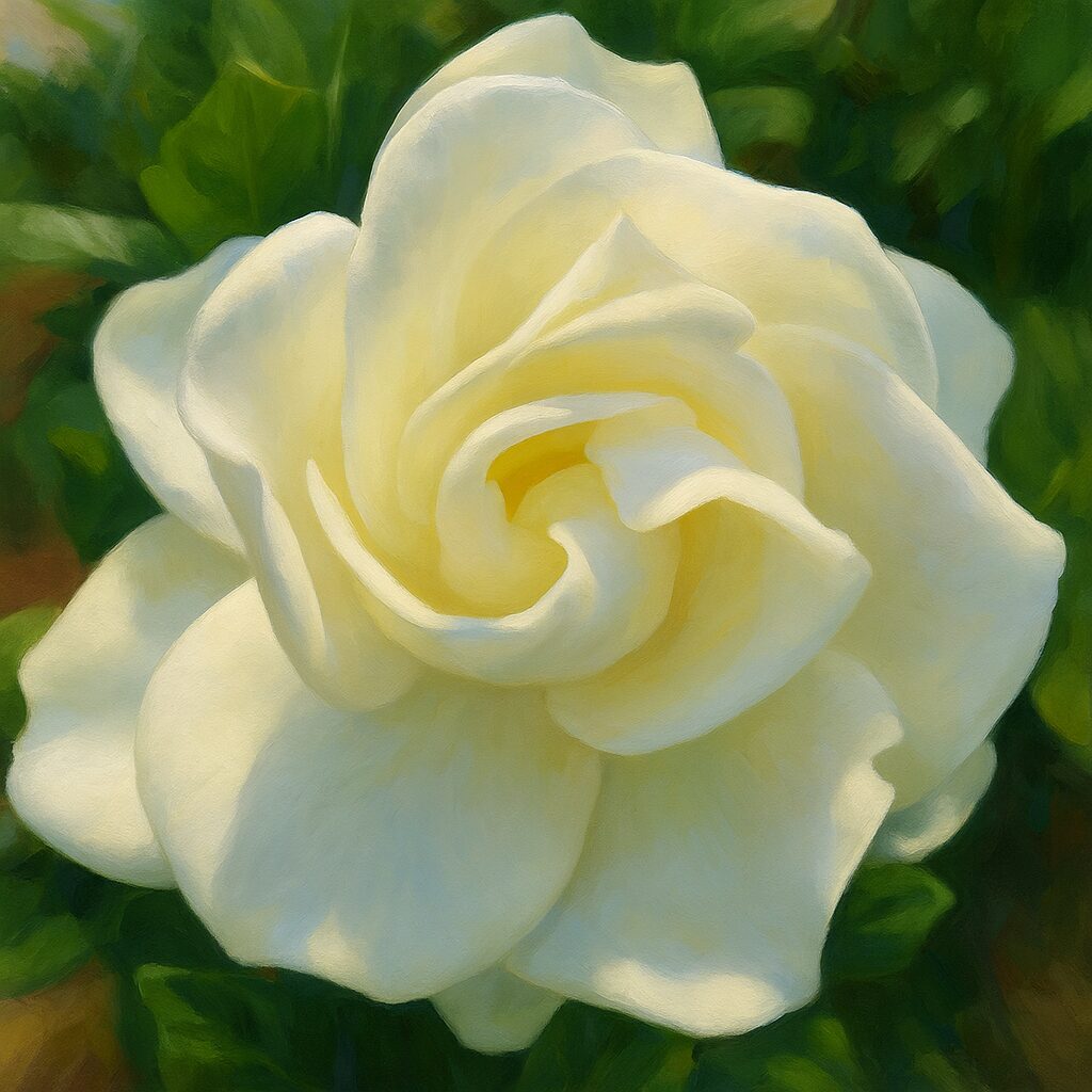 中心がほんのり黄色いクチナシの花をアップで描いたイラスト