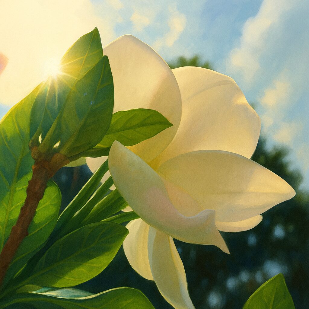 逆光に透ける白いクチナシの花を下から見上げた構図のイラスト