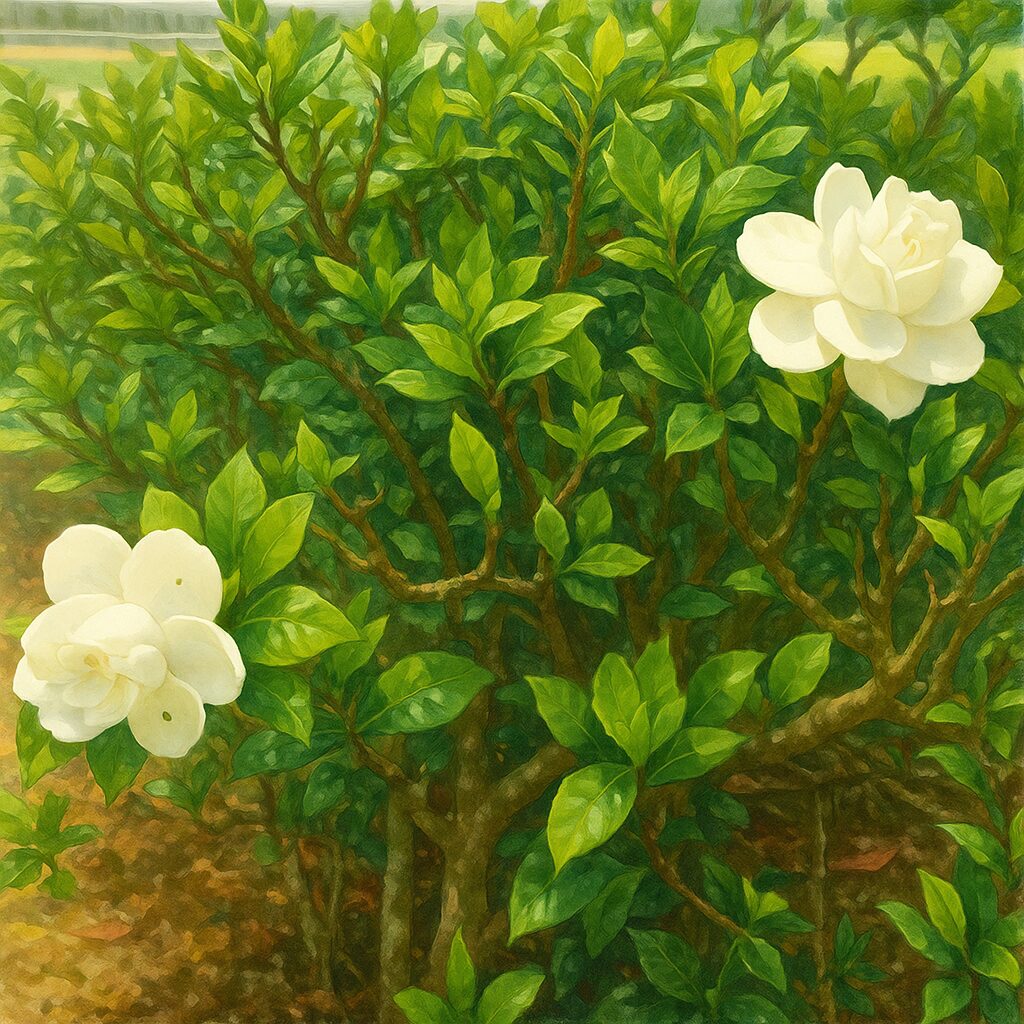 土の上に根を張るクチナシの低木に白い花が咲く全体構図のイラスト