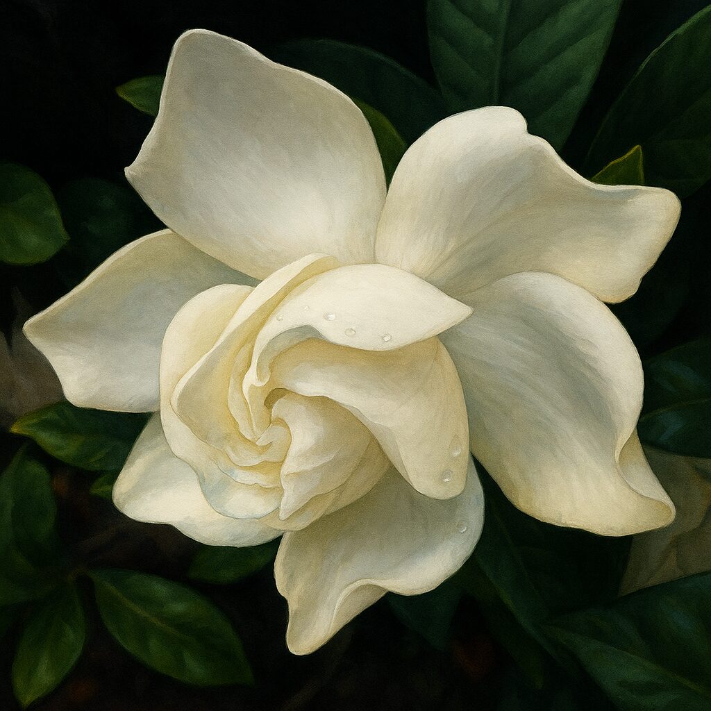 しっとりとした質感の白いクチナシの花をアップで描いたイラスト