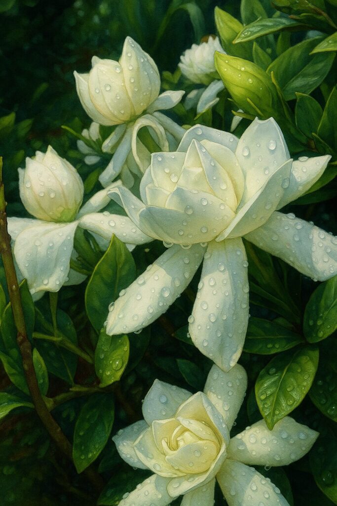 雨に濡れた白いクチナシの花々を斜め前から描いた構図のイラスト