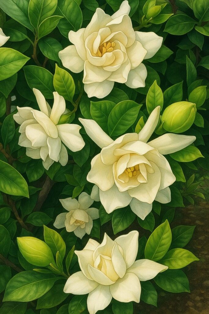 白いクチナシの花とつぼみを複数まとめて描いた写実的なイラスト