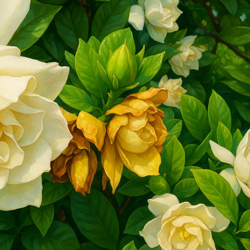 枯れかけた黄色いクチナシの花と緑のつぼみを並べたリアルなイラスト