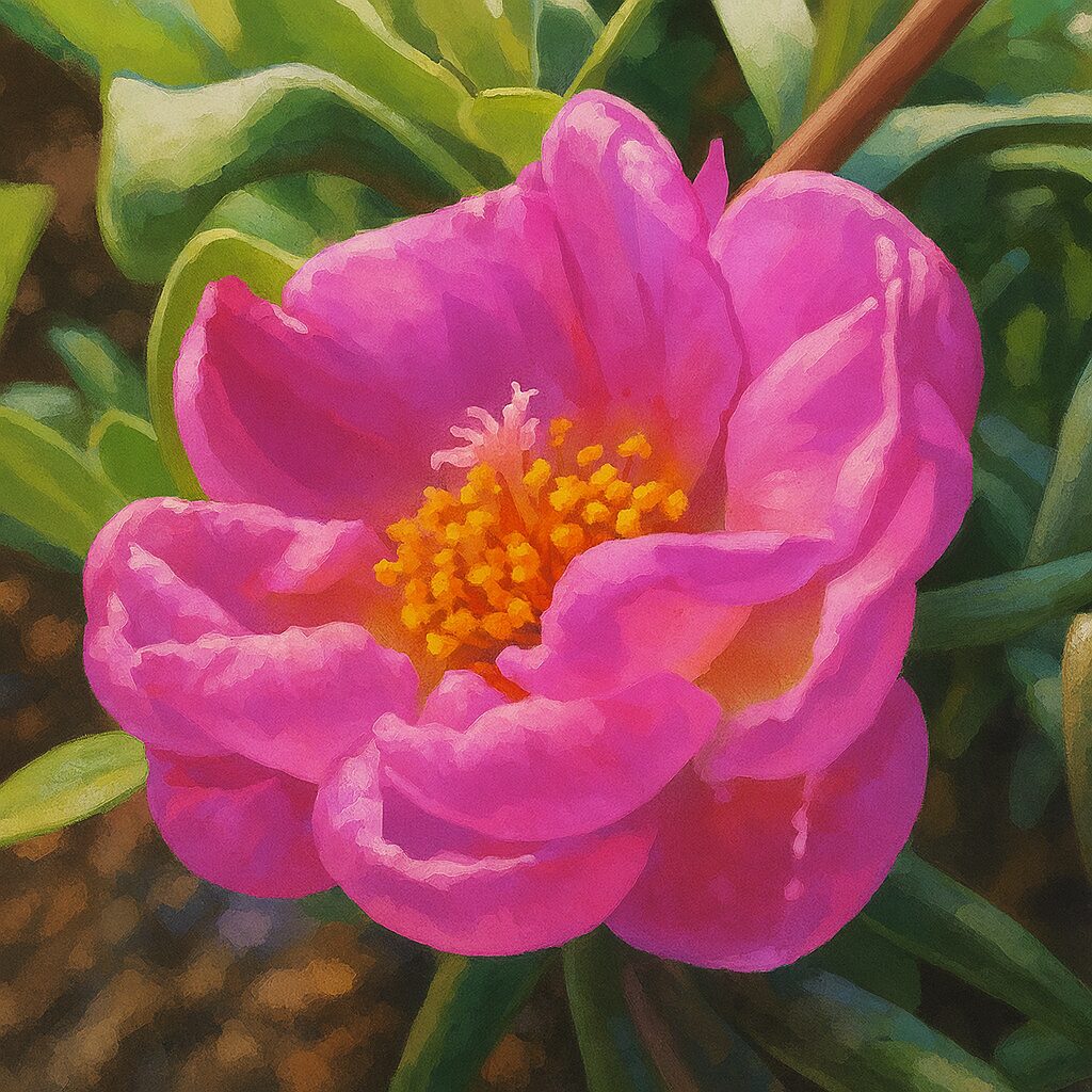 中央のオレンジ色のしべが際立つピンクのマツバボタンの花の精密イラスト