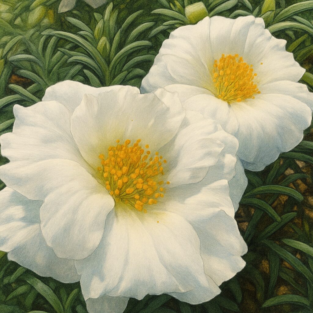 白い花びらと黄色いしべのコントラストを丁寧に描いたマツバボタンの植物画