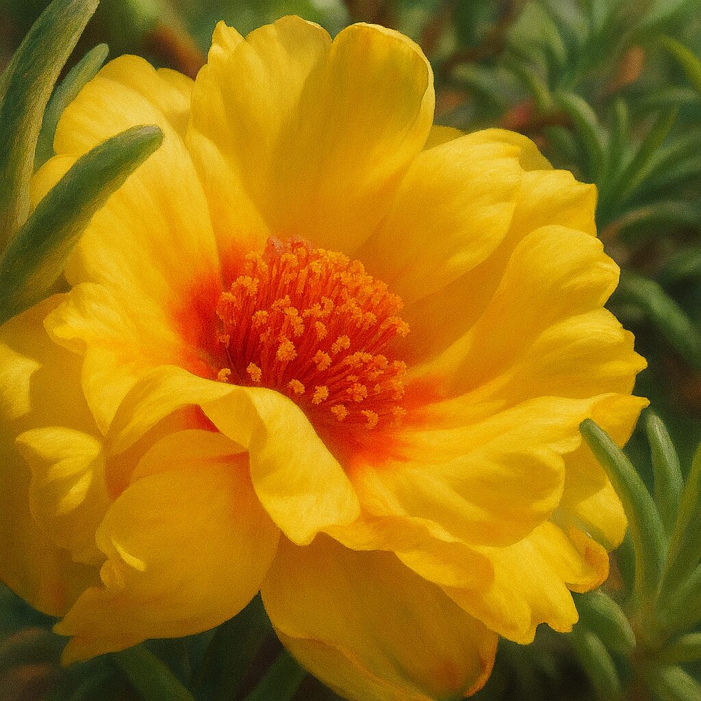 鮮やかな黄色と赤の花芯が目を引くマツバボタンの花のリアルなイラスト