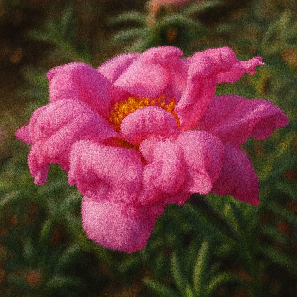 波打つピンクの花びらの質感を精巧に描いたマツバボタンの写実植物画