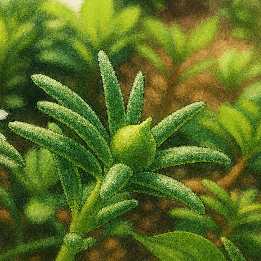 緑のつぼみと多肉植物特有の葉を忠実に描いたマツバボタンのボタニカルアート