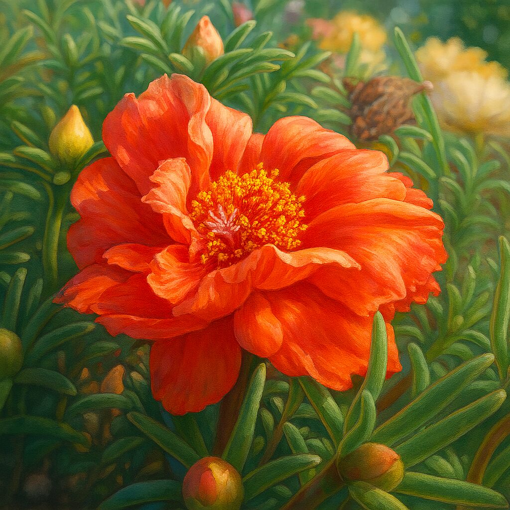 赤オレンジ色の花びらと鮮やかな背景を美しく再現したマツバボタンのイラスト