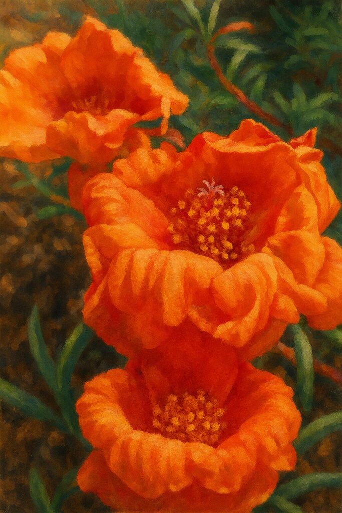 並んで咲くオレンジのマツバボタンを丁寧に描いた華やかなデジタル植物画