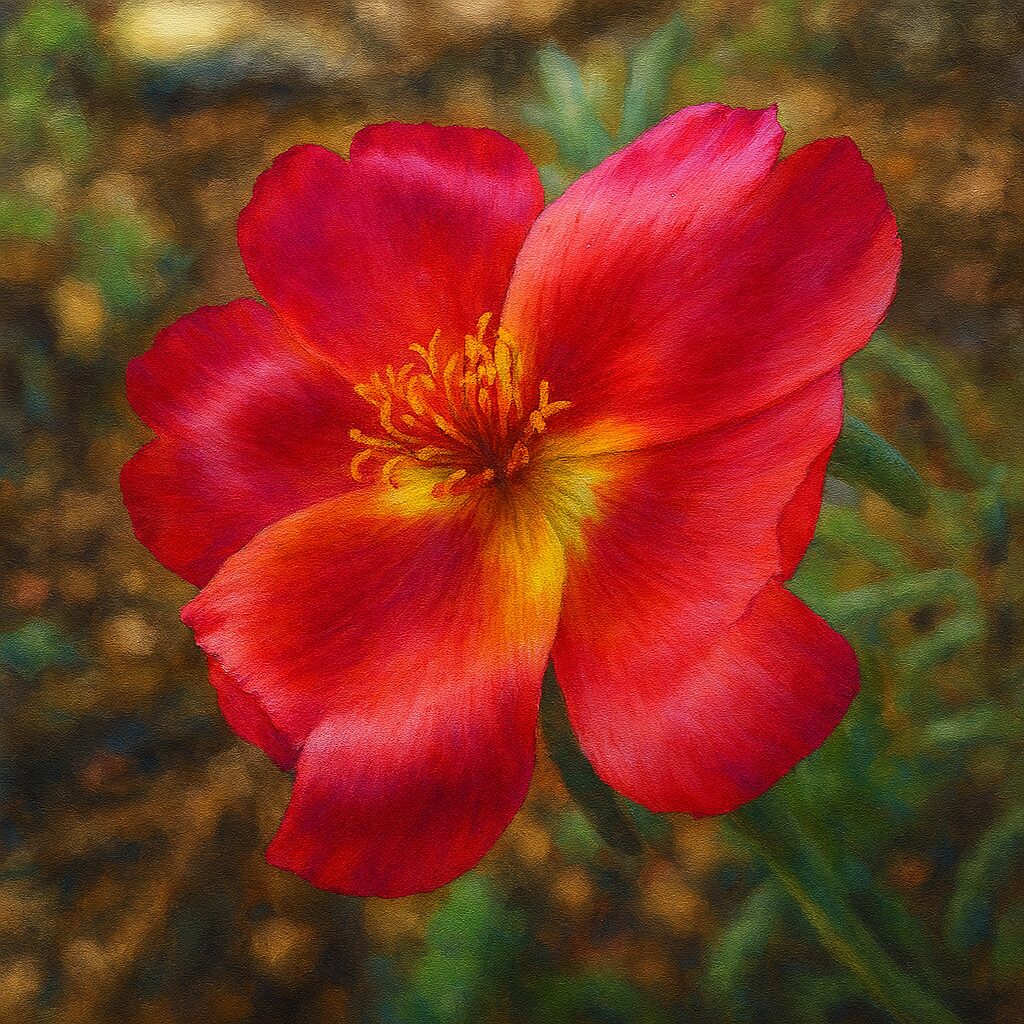 雨粒が残る赤いマツバボタンの花を写実的に描いたイラスト