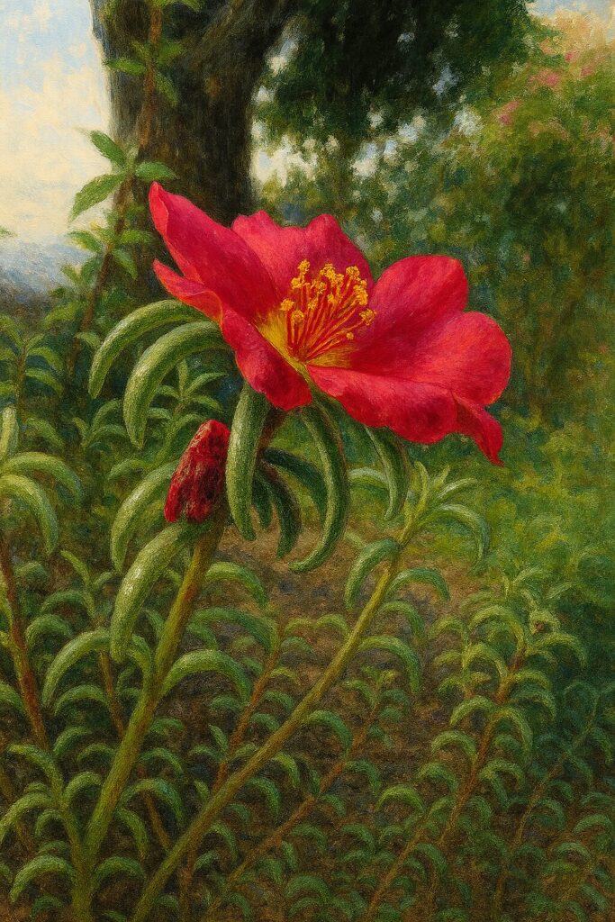 木々の背景を含む横顔の赤いマツバボタンのリアルなイラスト