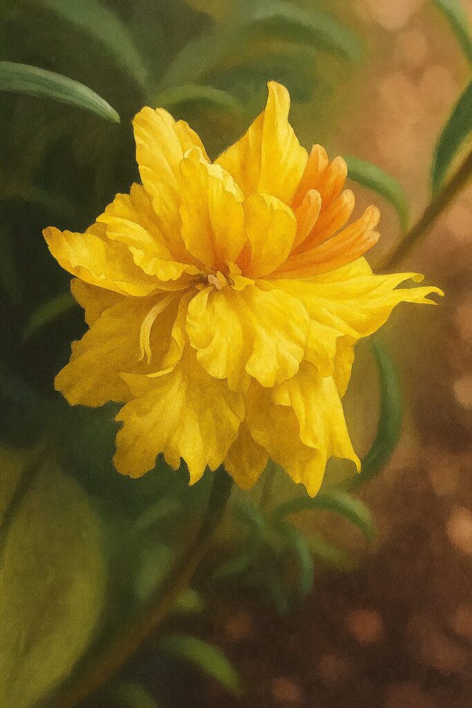 八重咲きの黄色いマツバボタンを繊細に描いた植物画