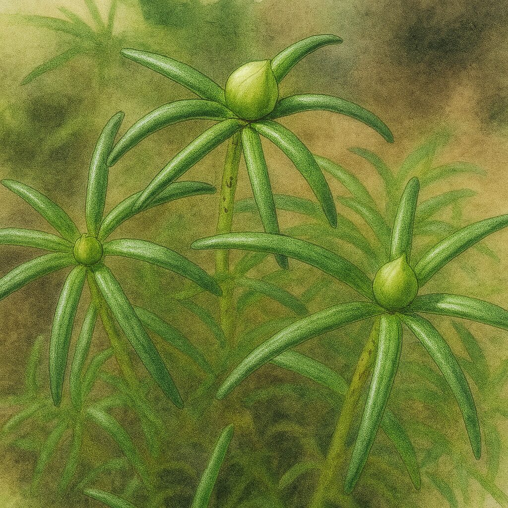 緑の葉とつぼみの構造を丁寧に再現したマツバボタンの植物イラスト