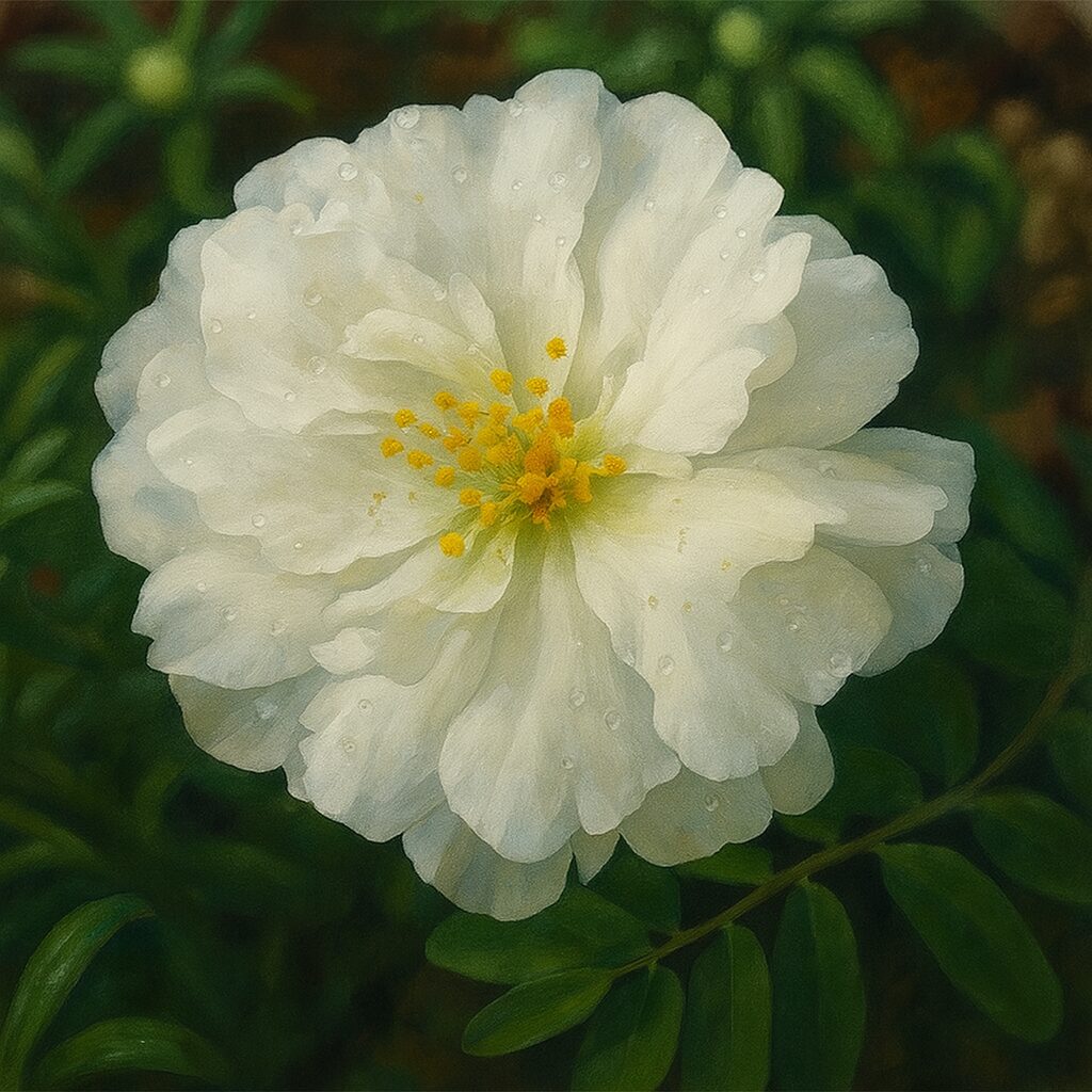 水滴と花びらの質感をリアルに描いた白い八重咲きマツバボタンのイラスト