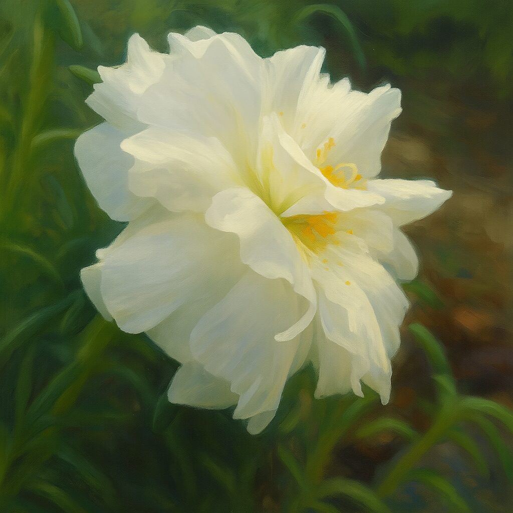 柔らかく波打つ花弁が特徴の白いマツバボタンの横顔イラスト