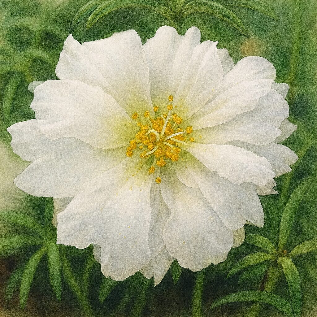 中心の雄しべと白い花びらを詳細に描いたマツバボタンの精密画