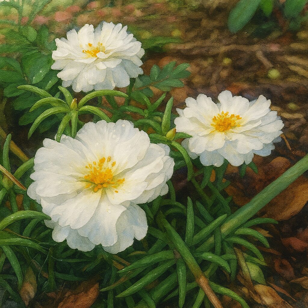 地面の質感とともに群れ咲く白いマツバボタンを描いた植物画