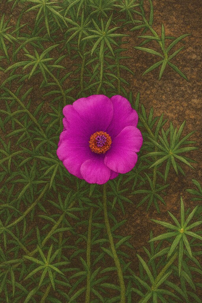 紫色のマツバボタンが一輪咲く地植えの風景を写実的に描いたイラスト