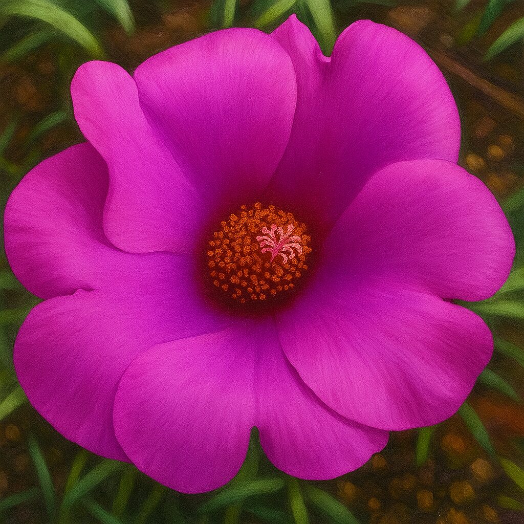 正面から見た紫のマツバボタンをリアルに描いた植物画