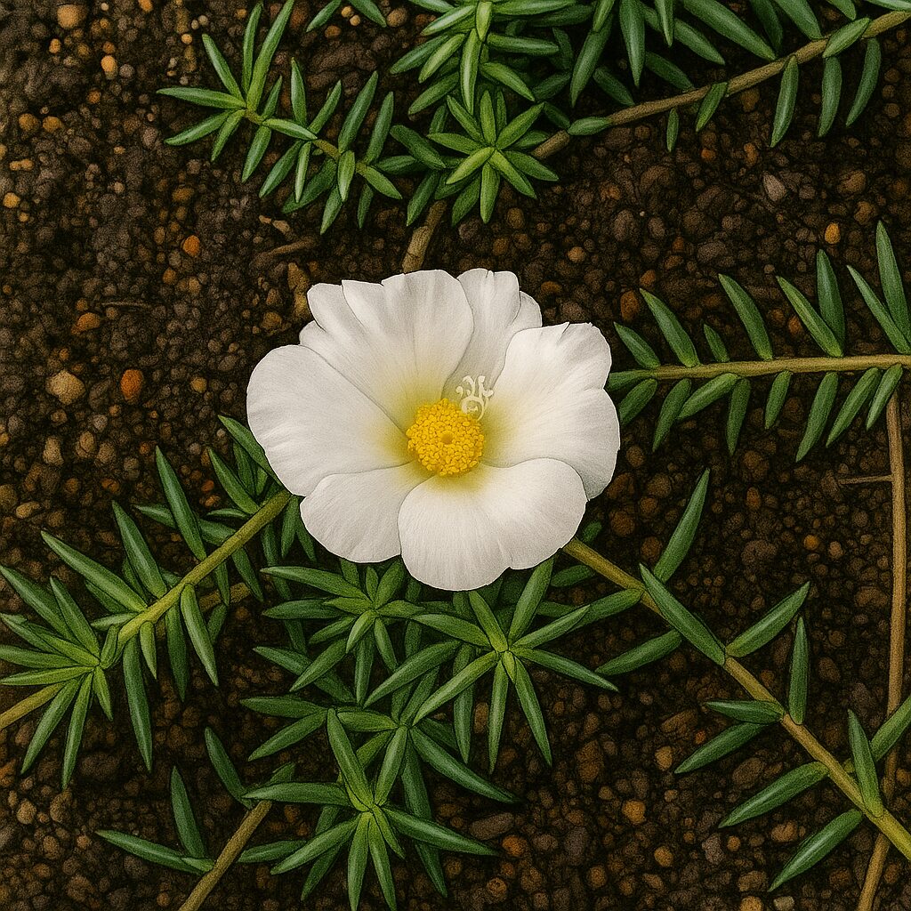 白いマツバボタンを地面に咲かせた風景を精密に描いたイラスト