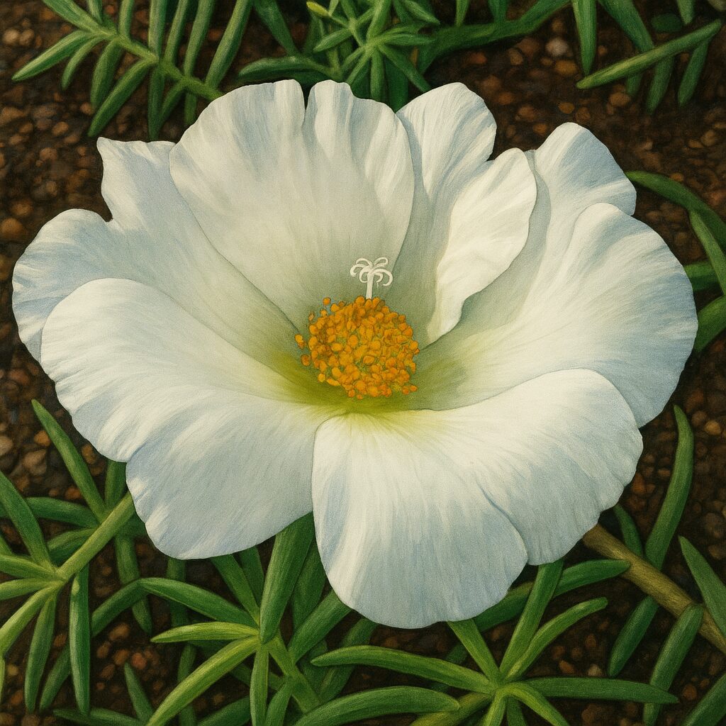 白い花びらと中心のしべを丁寧に描いたマツバボタンのイラスト