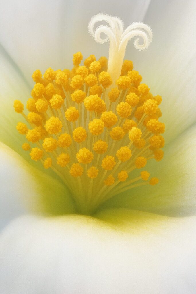 雌しべと黄色い雄しべを拡大描写した白いマツバボタンの植物画