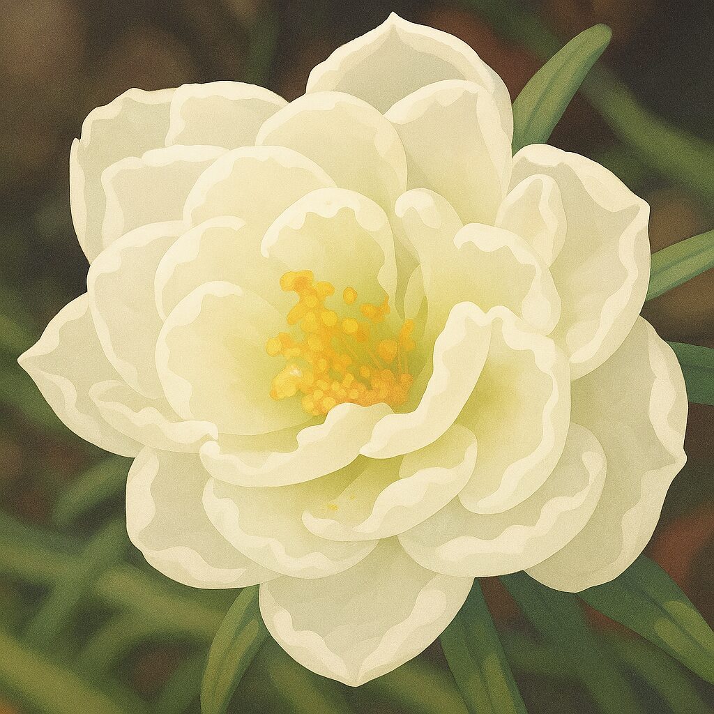 八重咲きの白いマツバボタンを繊細なタッチで描いたイラスト