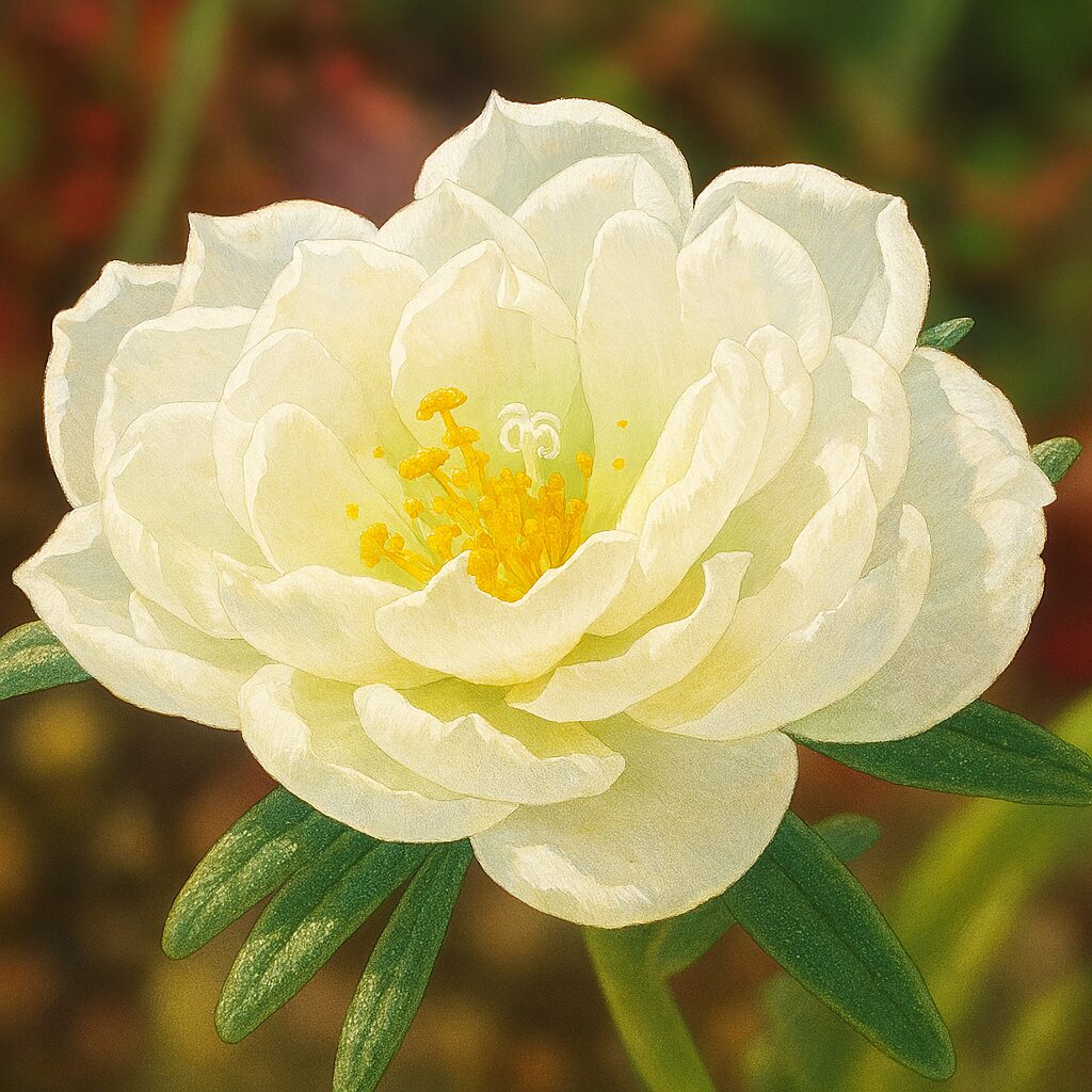 横顔から咲く白い八重咲きマツバボタンを自然に描いたイラスト