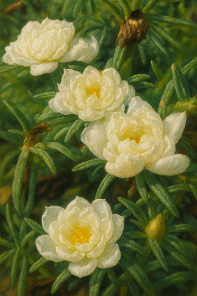 白い八重咲きのマツバボタンが三輪並ぶ繊細な植物イラスト