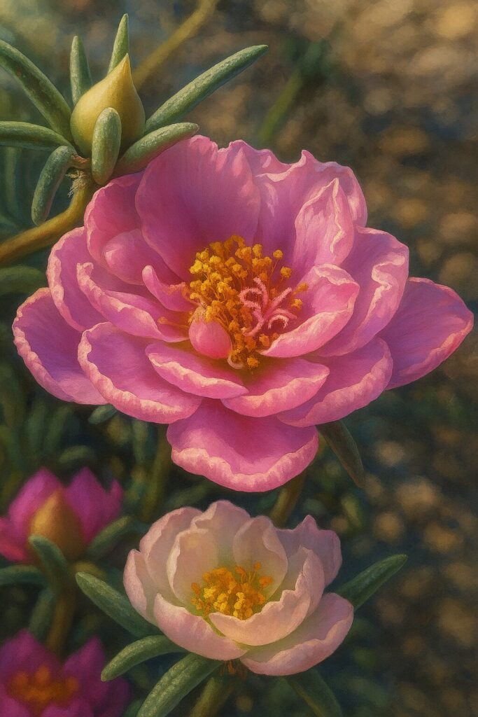 ピンクの八重咲きマツバボタンとつぼみを丁寧に描いたイラスト