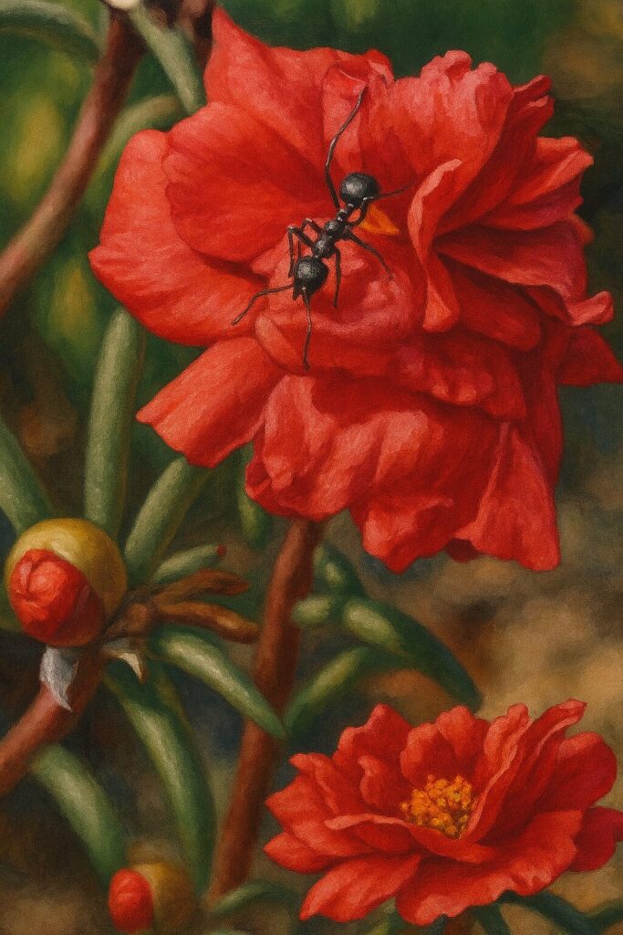 赤いマツバボタンの花にアリが乗る自然観察風イラスト