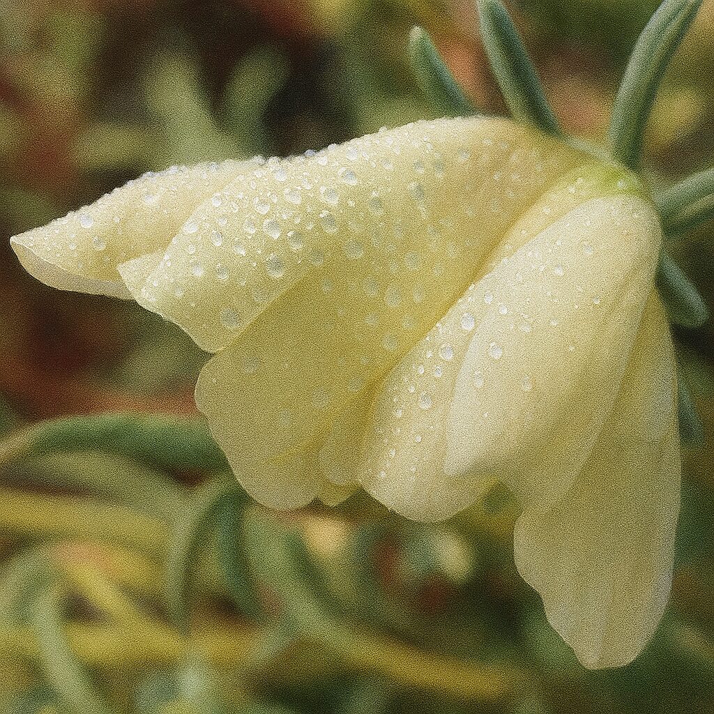 雫をまとった白いマツバボタンの花びらを描いた朝露の植物画