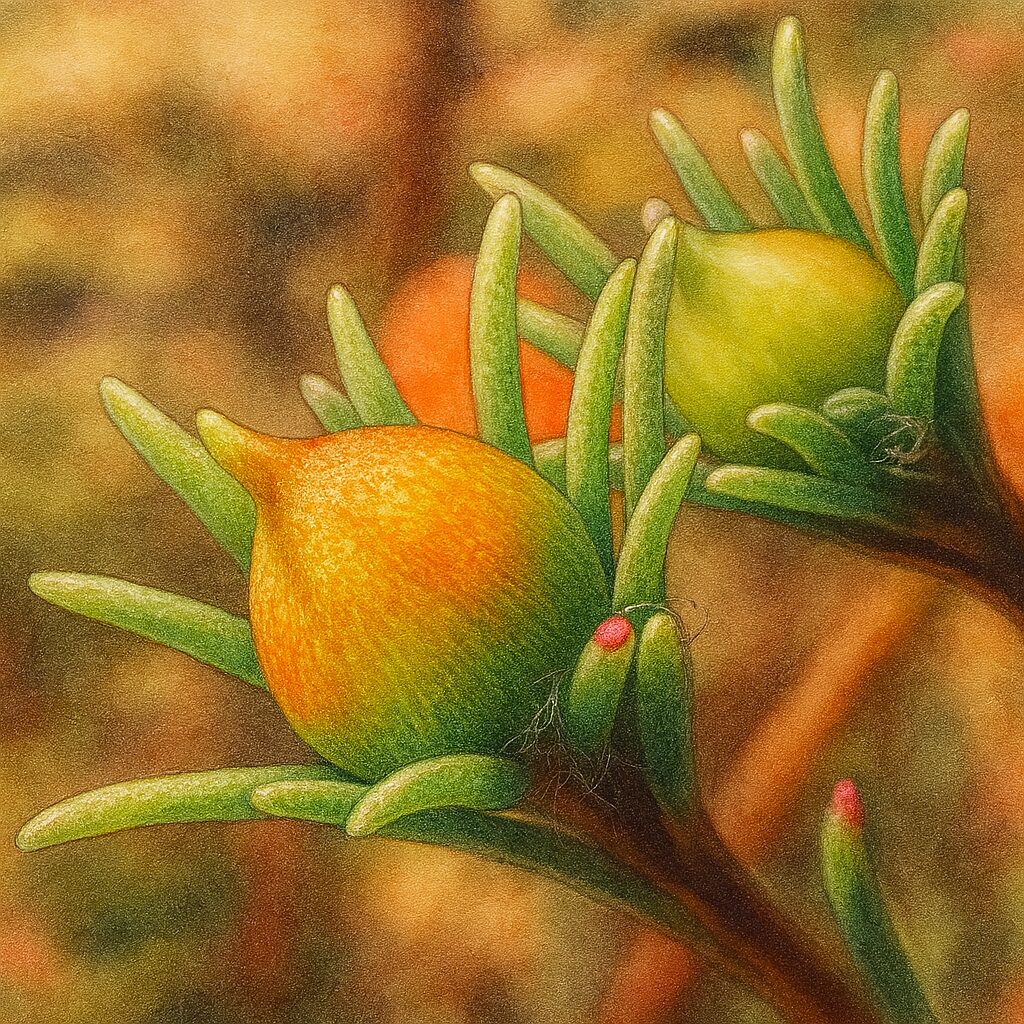 色づいたマツバボタンの実を細密に描いたリアル植物画