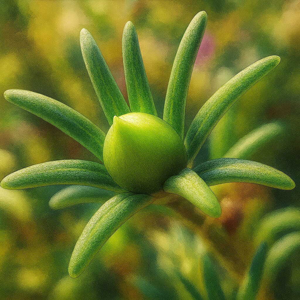 緑のつぼみを中心にした若いマツバボタンの精緻なイラスト