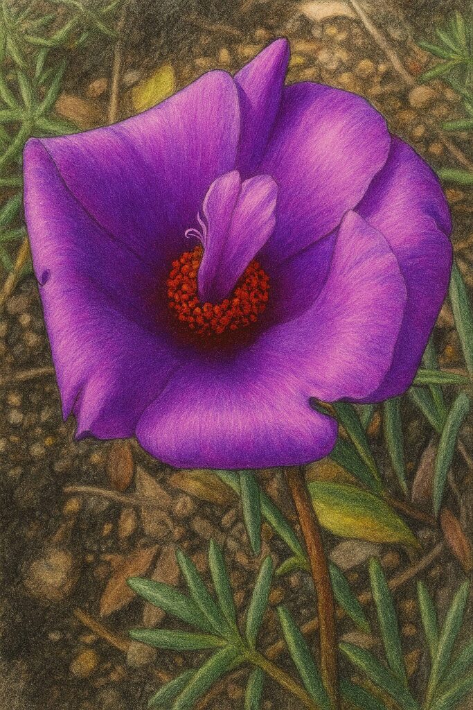 紫のマツバボタンを真上から見た構図で描いたリアル植物画